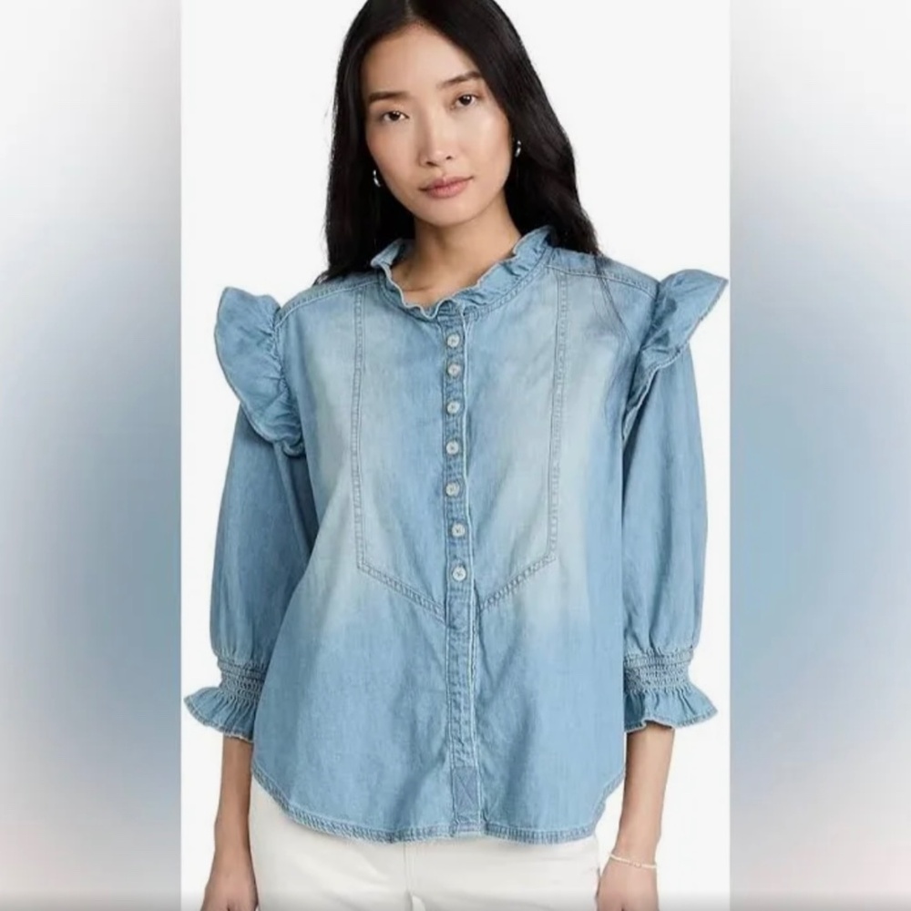Free People We the Free Louise Blue Denim Ruffled Top Sz XS